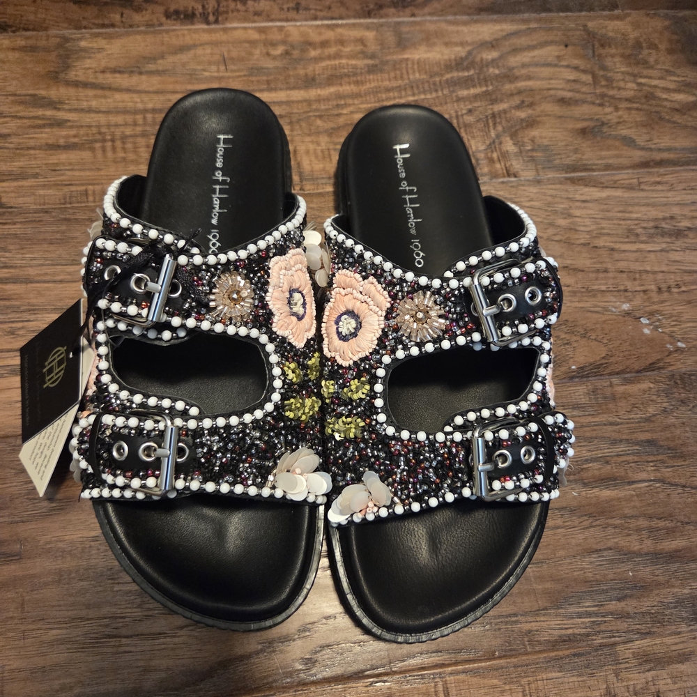 New House of Harlow 1960 Black and Multicolor Beaded Sandals Hand beaded 8.5